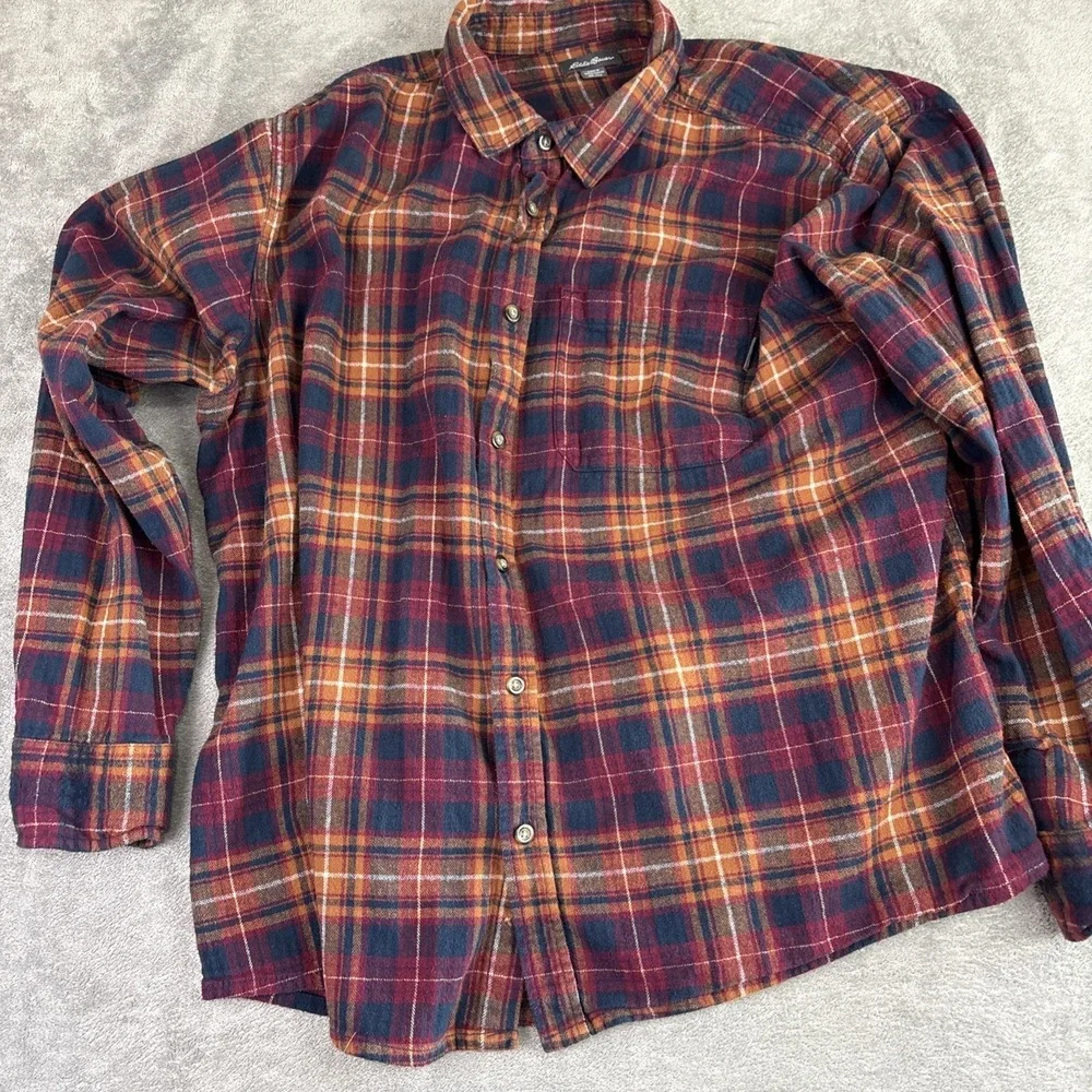 Eddie Bauer Flannel Shirt Mens‎ XXL Red Orange Plaid Classic Fit Cotton Outdoors